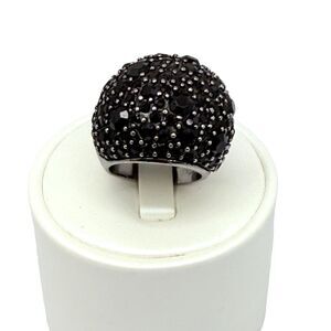 Black Cluster Cocktail Ring 6.5 Faceted Rhinestone Gunmetal Dome Vintage